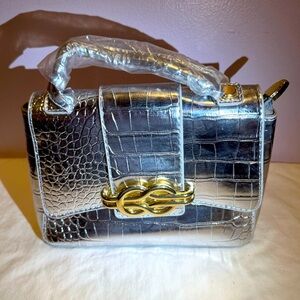 New Silver Crocodile Pattern Crossbody Bag with Gold Accent Mini Bag no label